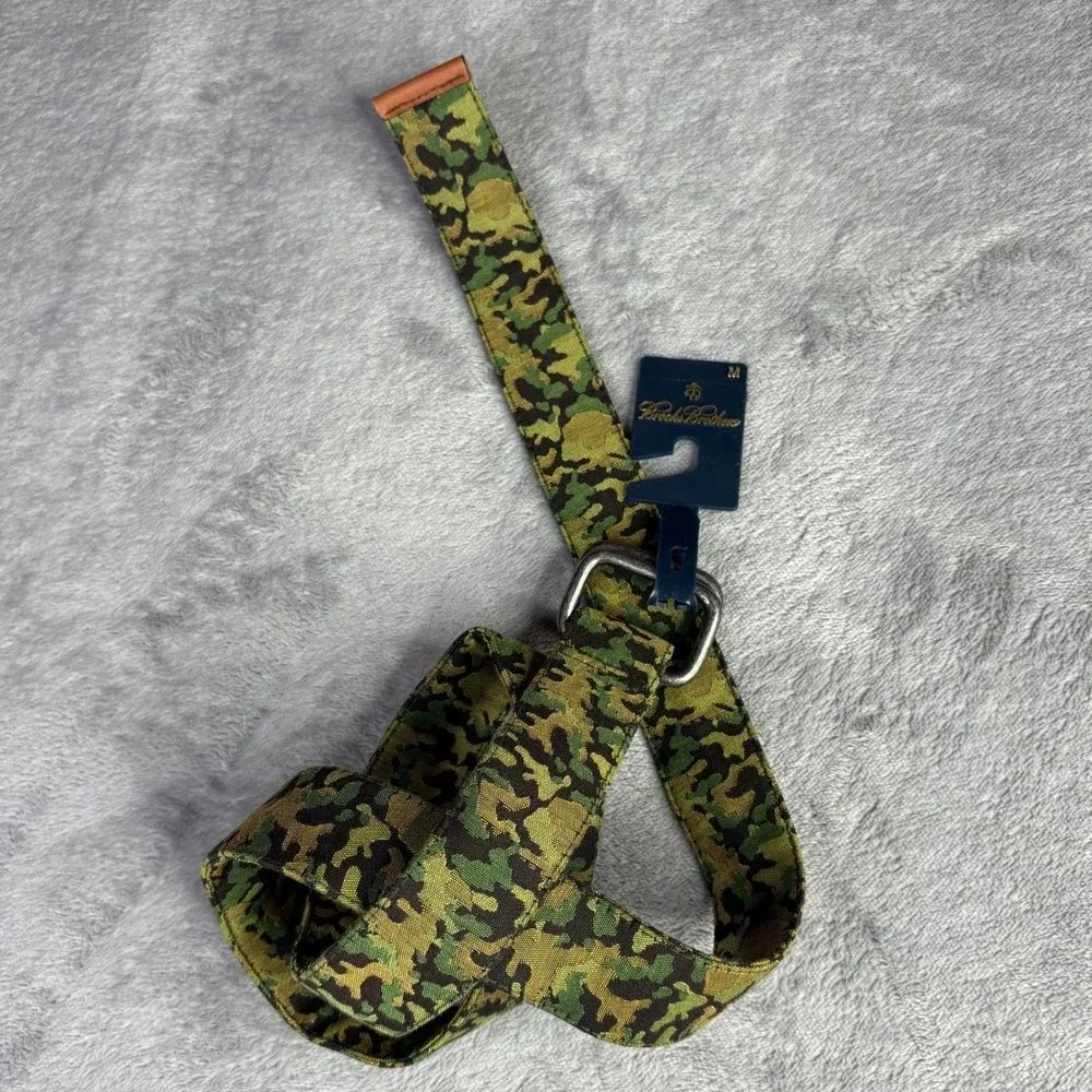 Brooks Brothers Belt Men Medium Green Camo Cotton Silk D-Ring Leather Trim